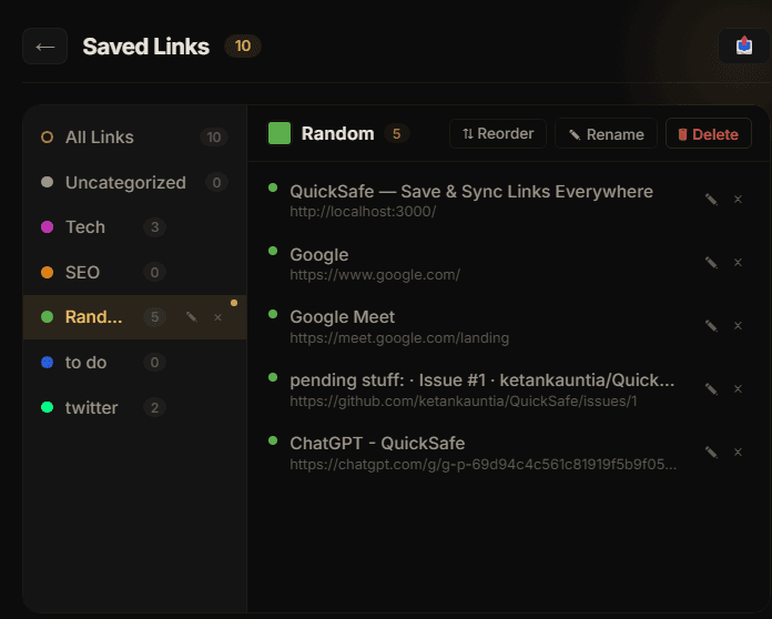 QuickSafe saved links library view